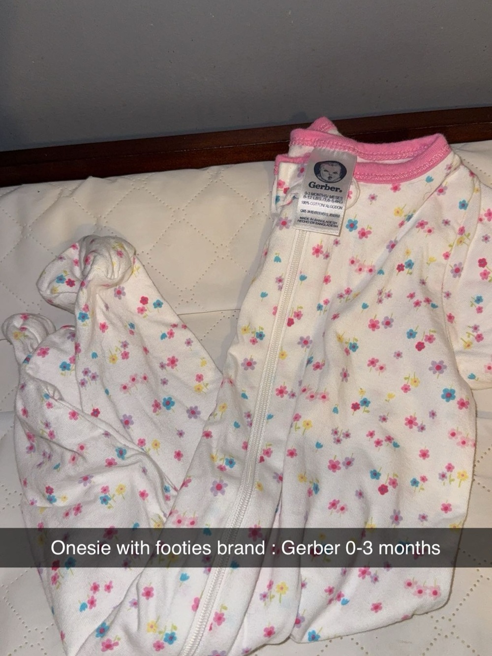 Gerber White Footed One-Piece with Pink Trim and Floral Print